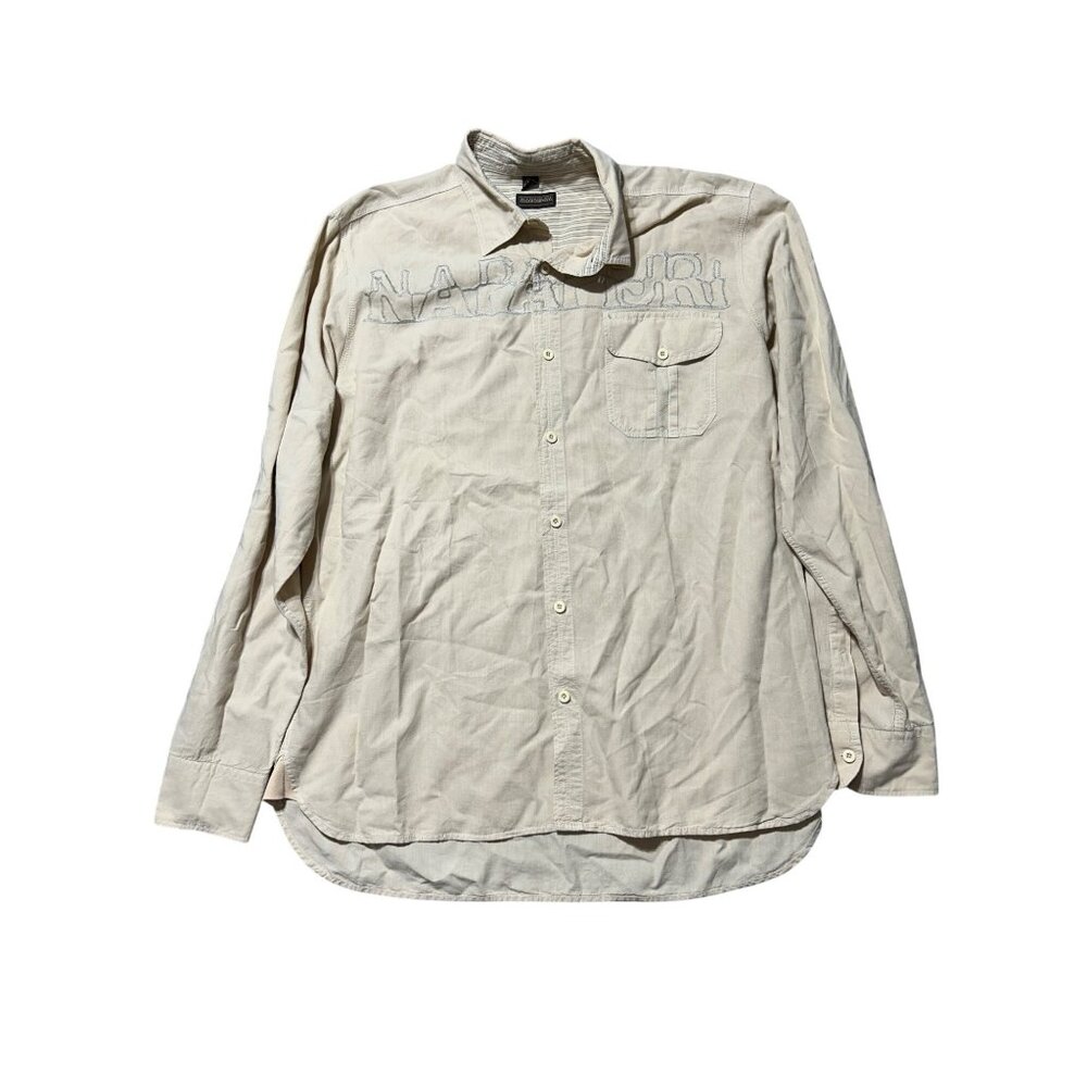 Napapijri Y2K Mens XXL Beige Long Sleeve Button-Up Shirt W/ Embroidered Logo
